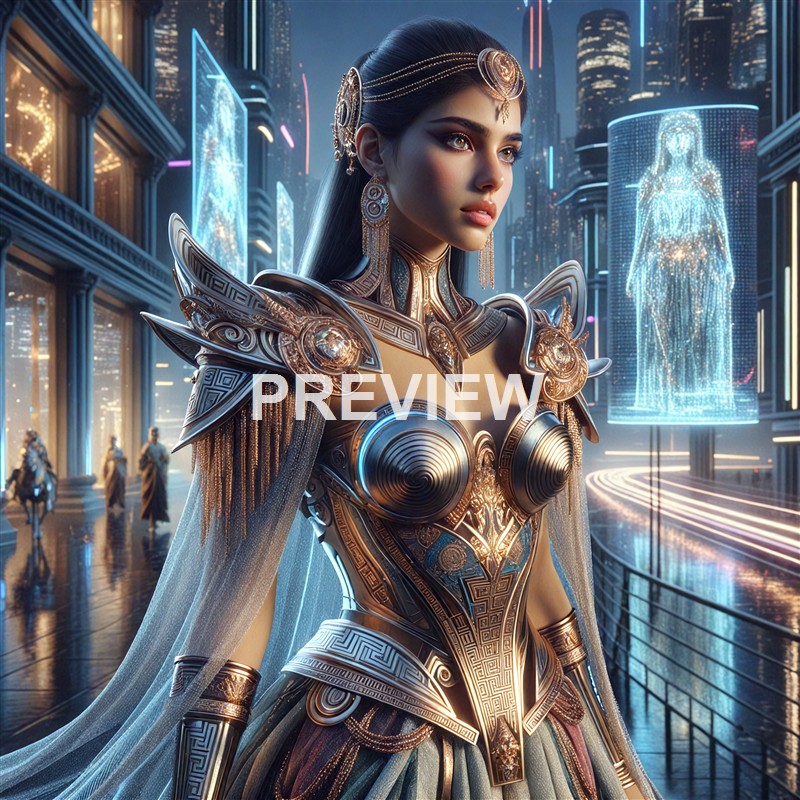 A futuristic woman dressed in elaborate, gold and silver armor with intricate patterns, standing in a high-tech cityscape with holographic displays and tall skyscrapers.